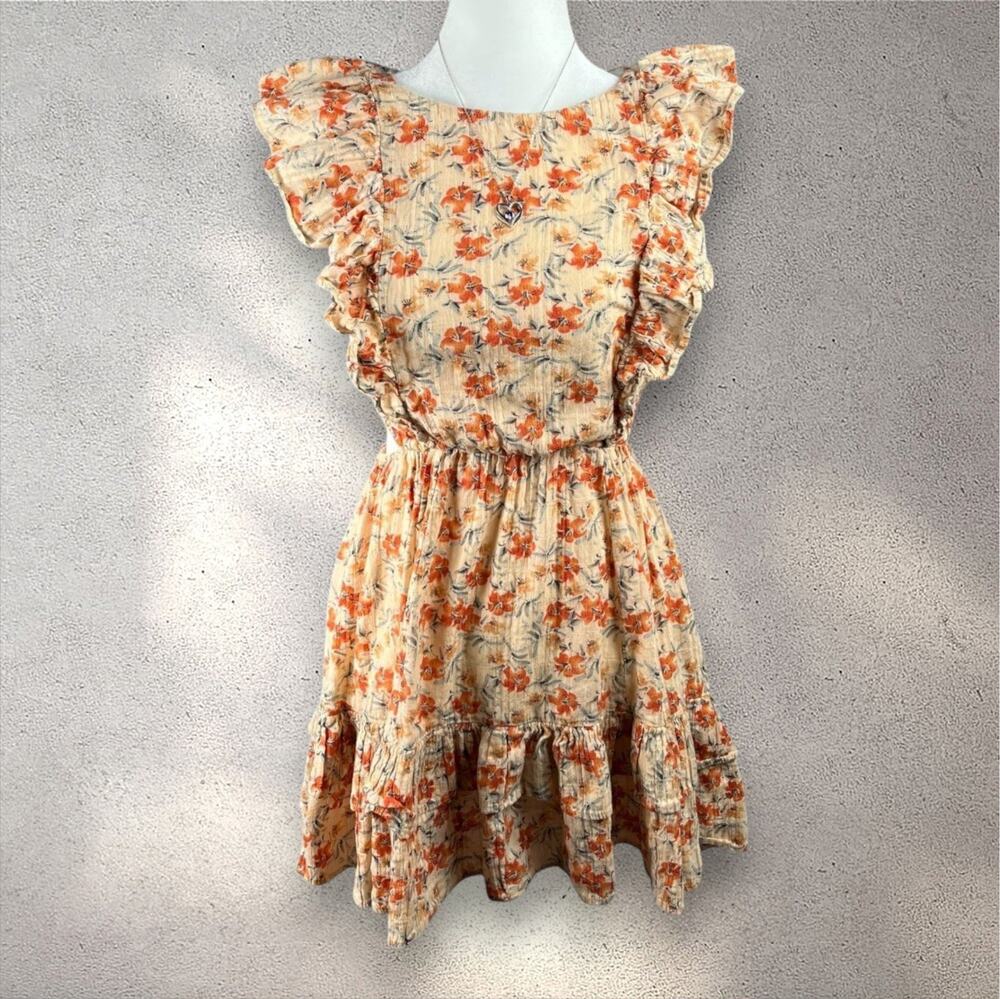 MINKPINK Zahari Summer Dress Women’s S Orange Mini Ruffle Floral Bohemian Beach